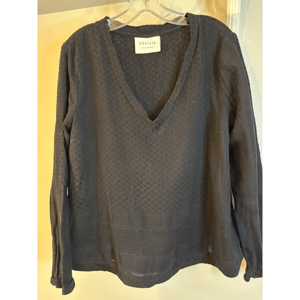 CECILIE Copenhagen Black Textures Cotton‎ Gauze V Neck Top M Lagenlook